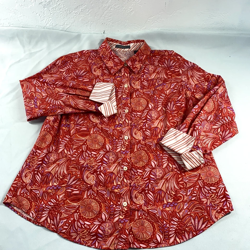 Liz Claiborne Top Womens 14W Red Yellow Big Print Flip Cuff Long Sleeve - Image 2 of 4