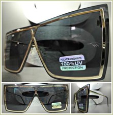 OVERSIZED VINTAGE RETRO Flat SHIELD Style SUN GLASSES Gold Metal Frame Dark Lens