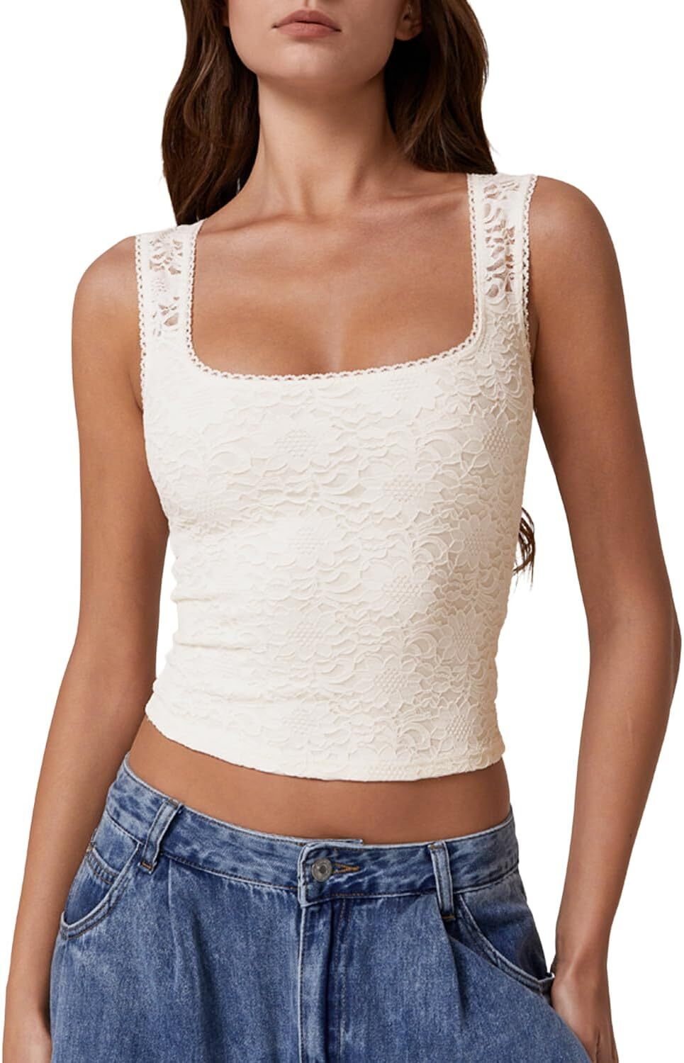 Women's Double-Layer Crop Tank Top Lace Trim Square Neck Sleeveless Slim Fit