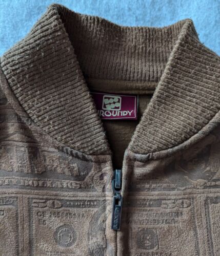 Burgundy Sz L All Over Money Print Jacket Brown Rap Hip Hop Streetwear 90s Y2K - Picture 3 of 15