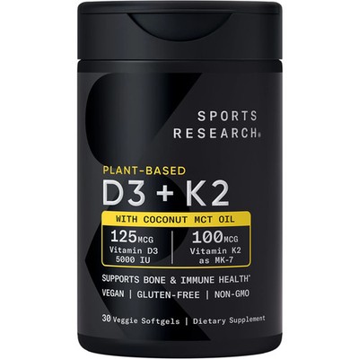 Sports Research Vitamin D3 + K2 with 5000iu of Plant-Based D3 & 100mcg of