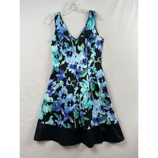 Chaps Floral Fit and Flare Dress Women 6 Blue Green Black Sleeveless V-Neck