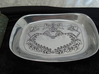 Vintage American Witton Pewter Tray with Heart & Doves Motif.