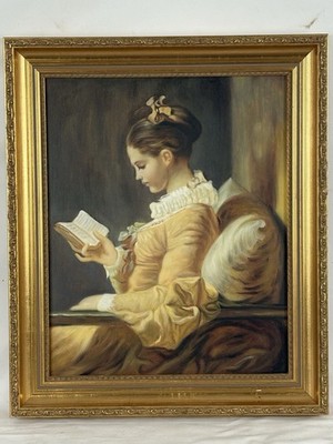Fragonard junges Mädchen liest Öl auf Leinwand Repro vergoldeter Rahmen 39,5 x 47 cm