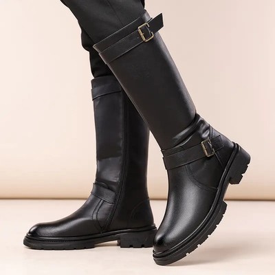 Motorcycle Men's Faux Leather Mid Calf Boots Side Zip Retro Buckle