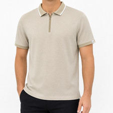 DKNY Polo Shirt Mens XL Beige 1/4 Zip Cotton Poly Jacquard Knit Casual Summer
