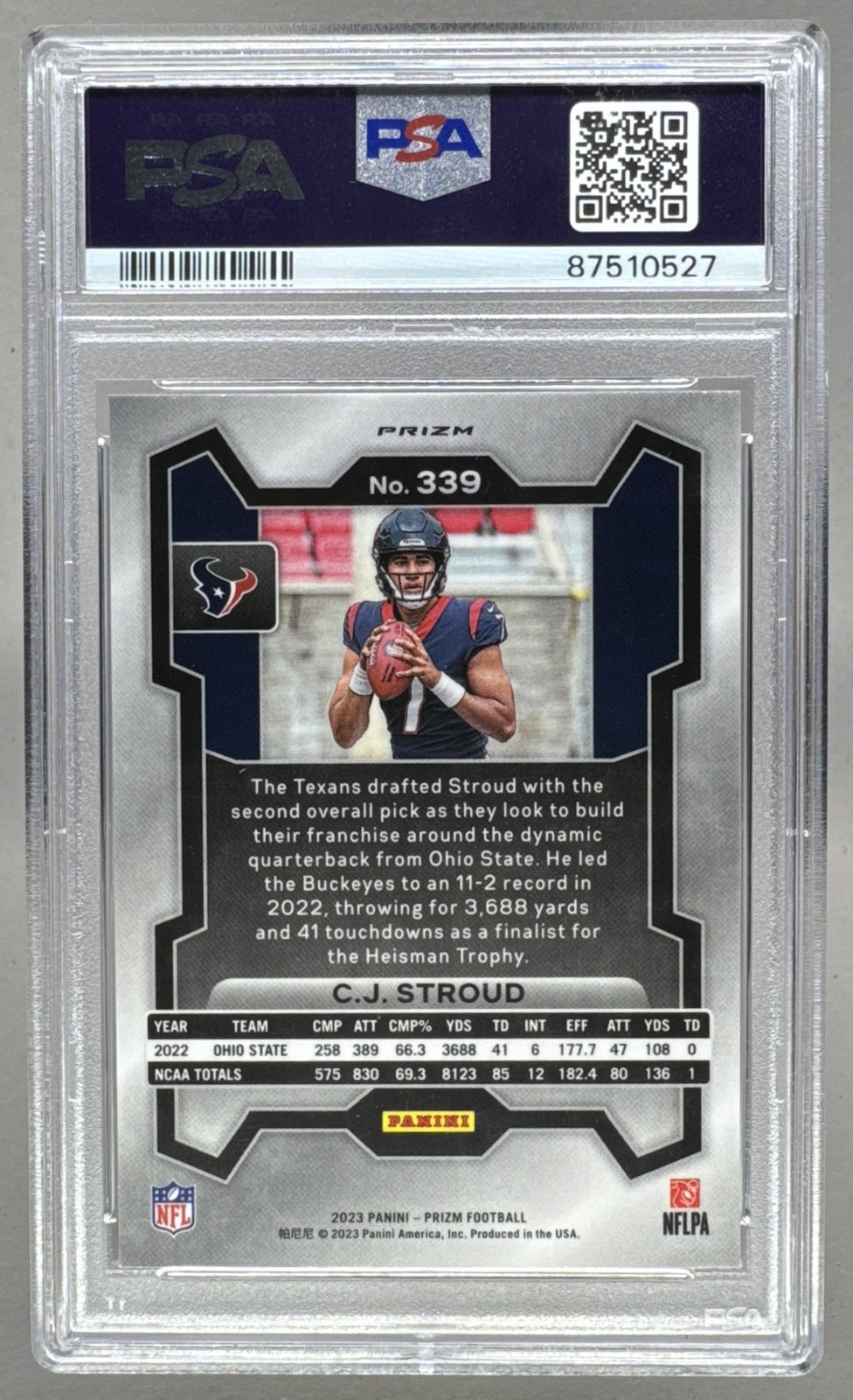 87510527 C.J. Stroud 2023 Panini Prizm #339 Silver Rookie RC PSA 10 view 2