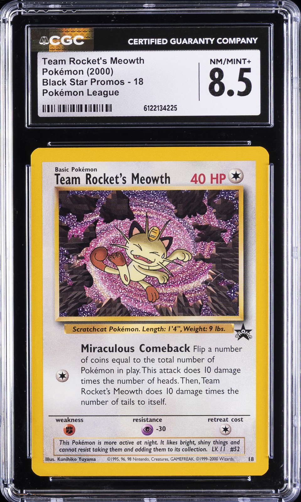 2000 POKEMON PROMO BLACK STAR POKEMON LEAGUE #18 TEAM ROCKET'S MEOWTH CGC 8.5