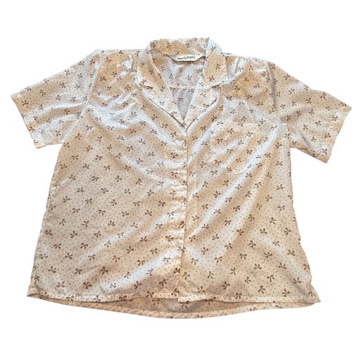 Diane von Furstenberg, Vintage Diane Von Furstenberg Bow Dot Blouse Tan White Large Top Shoulder Pads