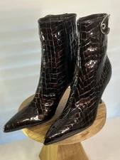 Stuart Weitzman Brown Alligator Patent Leather Pointed Booties Boots, Size 8
