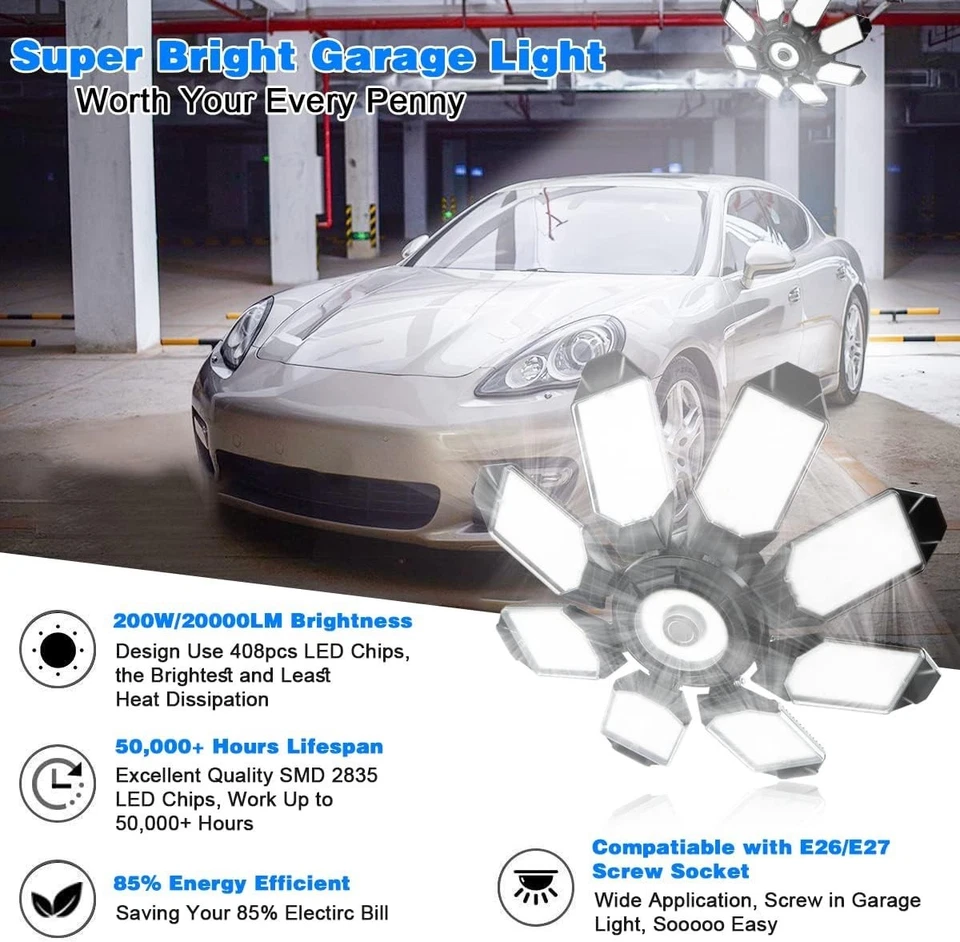 6500K Bright Indoor Garage Lighting – 200W LED with Adjustable Panels, 4 Pack - Image 4 of 4