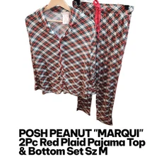 POSH PEANUT MARQUI LUXE Sz M Red White Plaid Button Top/Pants Christmas Pajama