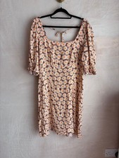 Mango summer floral 70s dress puff sleeve brown orange daisy milkmaid square