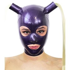 Metallic Purple Latex Rubber Hood with 2 Ponytail Wigs Fetish Mask Club Party