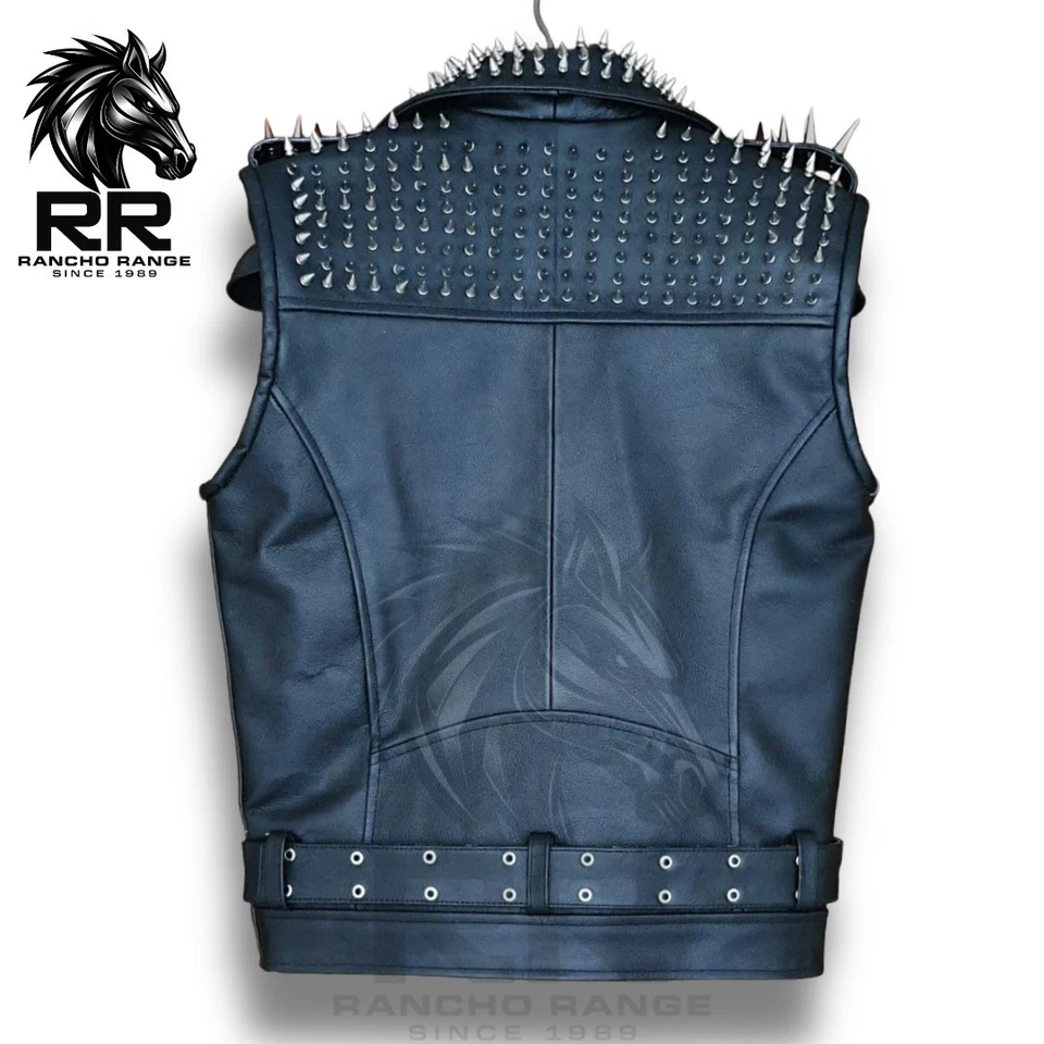 Handmade Black Punk Leather Vest | Long Spiked & Silver Studded Men's Jacket - Image 2 of 3