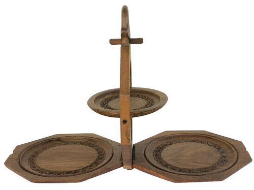 Antique Walnut Wood Hand Carved Muffin Stand-Tart Decorative Candle Stand - Picture 4 of 12