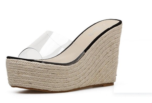 Sandalias de mujer transparentes de plataforma alta con suela de cuerda de PVC punta de péep zapatos zapatillas - Imagen 12 de 15