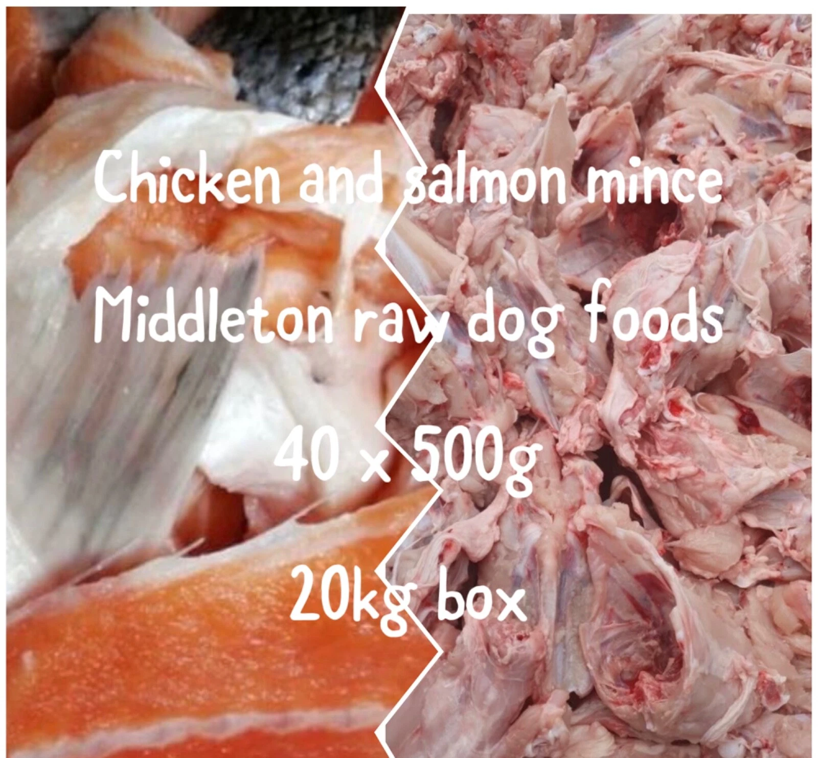 Frozen Dog Food Chicken & Salmon Mince 40 x 500g chubs 20kg box Delivered.
Opens in a new window or