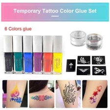 6 Color Painting Tattoo Set Condensating Glue Gel 10ml/Bottle with 5pcs Stencils