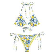 Vintage Lemon Floral Custom Print Recycled Blue Yellow String Bikini Sz 2XS-6XL