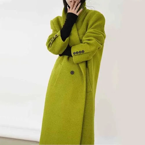 Mujeres Imitación Lana Abrigos Chaqueta Suelta Oficina Dama Doble Verde Prendas de abrigo - Imagen 17 de 17