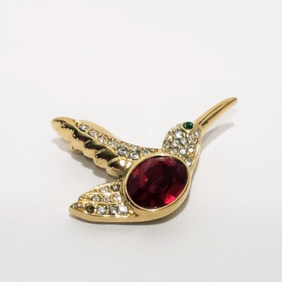 Hummingbird Red Rhinestone Body Brooch 1'' Vintage Gold Tone Bird Wings Up