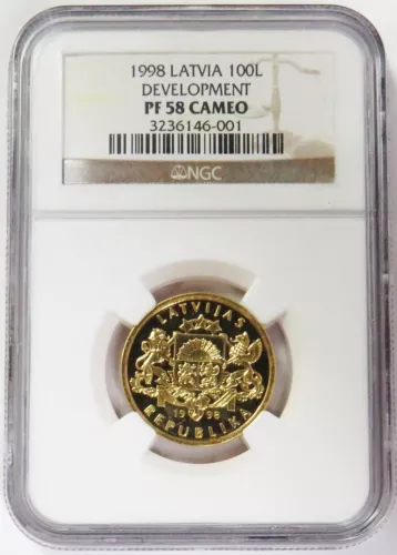 1998 GOLD LATVIA 100 LATU DEVELOPMENT NGC PROOF 58 CAMEO