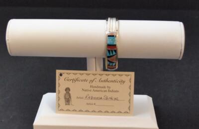 Zuni Native American Turquoise Stones Shell Bracelet Cuff 925 Sign