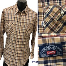 Vtg 60's Levis Men's Brown Blue Check Plaid MOD Hippie Retro Rockabilly Shirt L