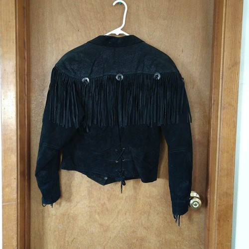 Black Leather Suede Jacket 1980's Conchos & Fringe High Waist Cinched Back - Picture 7 of 9