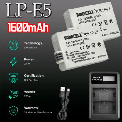 BONACELL 2pack LP-E5 AKKU & LCD Dual-Ladegerät Für Canon EOS 450D 500D 1000D Kiss X2 X3 .