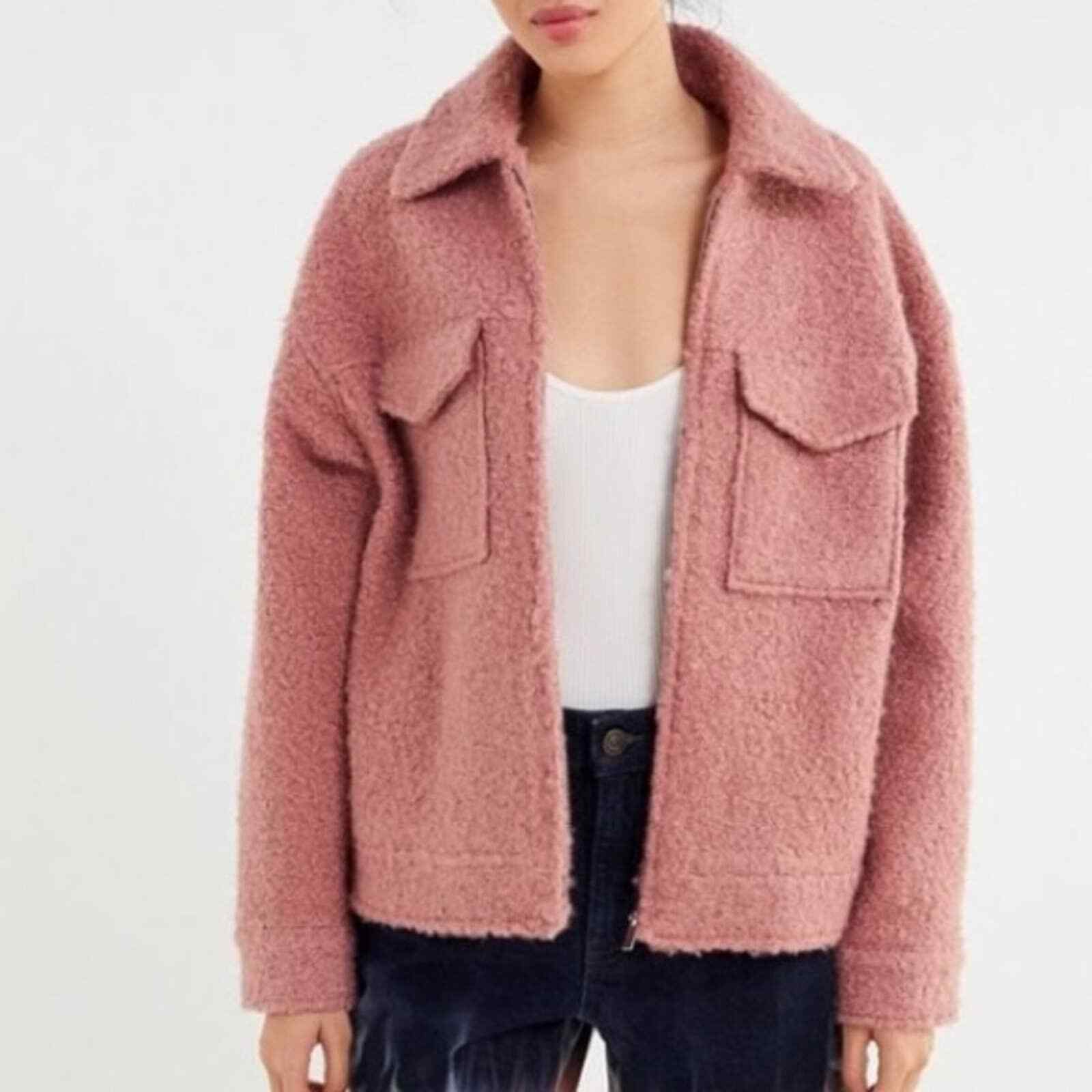 Urban outfitters teddy zip front trucker jacket pink … Gem