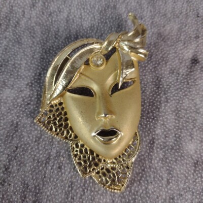 Vintage Mardis Gras Mask Brooch Clear Gem Gold Tone 3'' x 2''