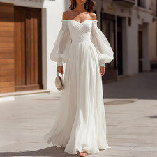 Women Off Shoulder Puff Sleeve Chiffon Maxi Dress Wedding Evening Party Gown
