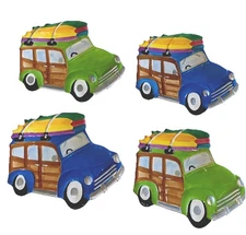 1950's Retro Woody Station Wagon W/ Surf Board Rack Snack Desert Plates 4 Pc