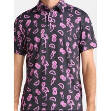 Birdie Bound Novelty Print Golf Polo Shirt, Men's Size LARGE Flamingo Black