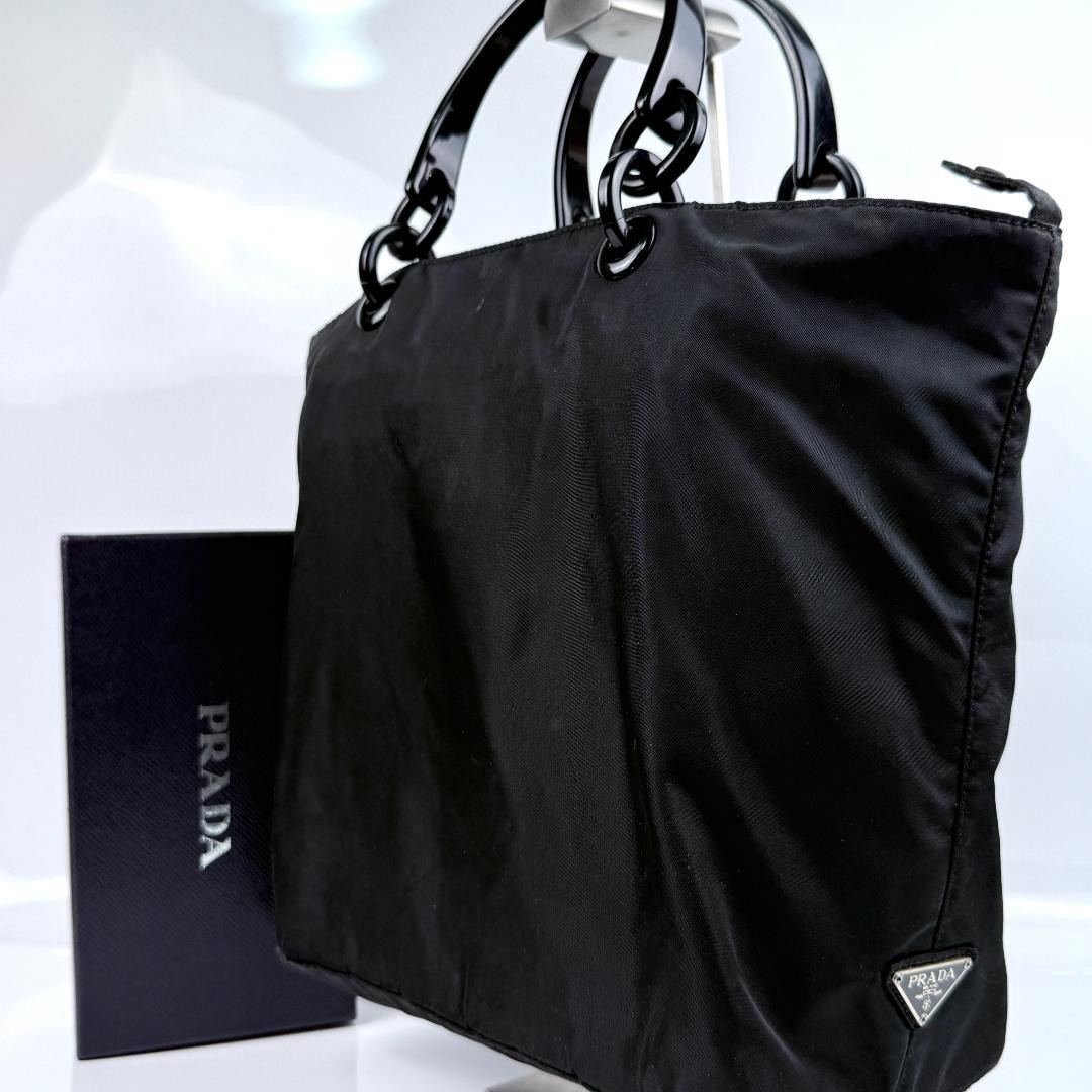 Prada Black Nylon Tote Bag with Triangle Logo and Plastic Handle