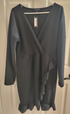 PrettyLittleThing Plus Black Ruffle Wrap Dress 16 New