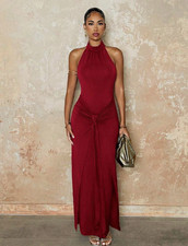 Women Red Knit Halter Neck Ruched Stretch Sleeveless Maxi Dress M