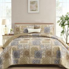 Boho Quilt Set King Size,3 Pieces Beige Plaid Floral Bedspread Coverlet Set for
