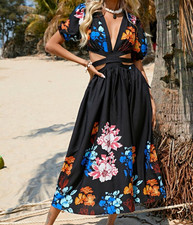 SHEIN Women's Black Floral V-Neck Puff Sleeve Tie Zip Back Midi A-Line Dress L