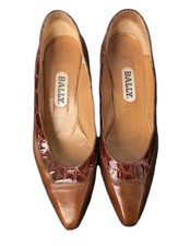 Vintage Bally Italy Brown Leather Pumps Croc Accent Square Toe Size 5 1/2