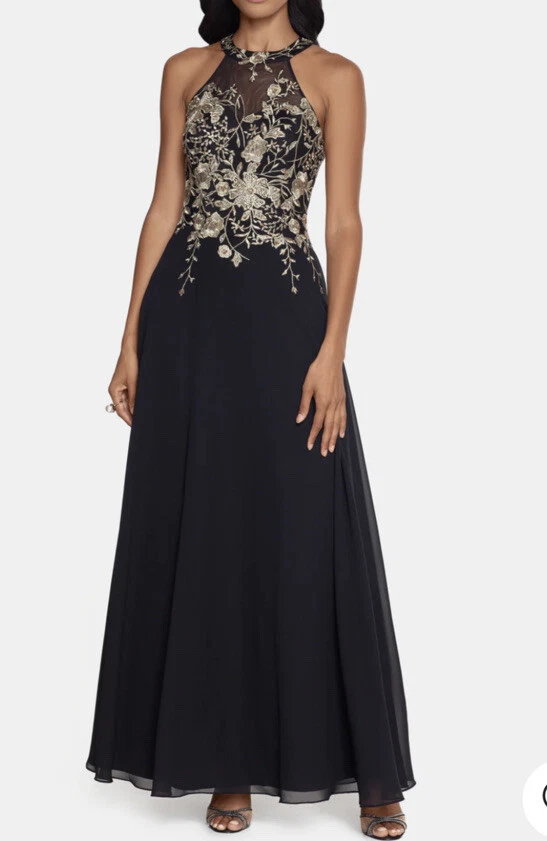 Metallic embroidered jersey chiffon halter best sale dress