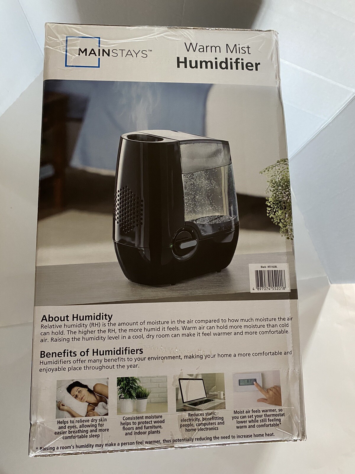 Mainstays 1.2 Gallon Warm Mist Humidifier, HF3102BL, Black