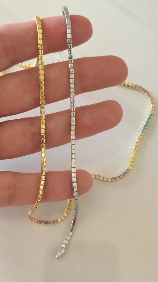 10Ct Lab Created Rainbow Color Sapphire 18" Luxury Tennis Necklace 14K Gold Over - Image 4 of 4