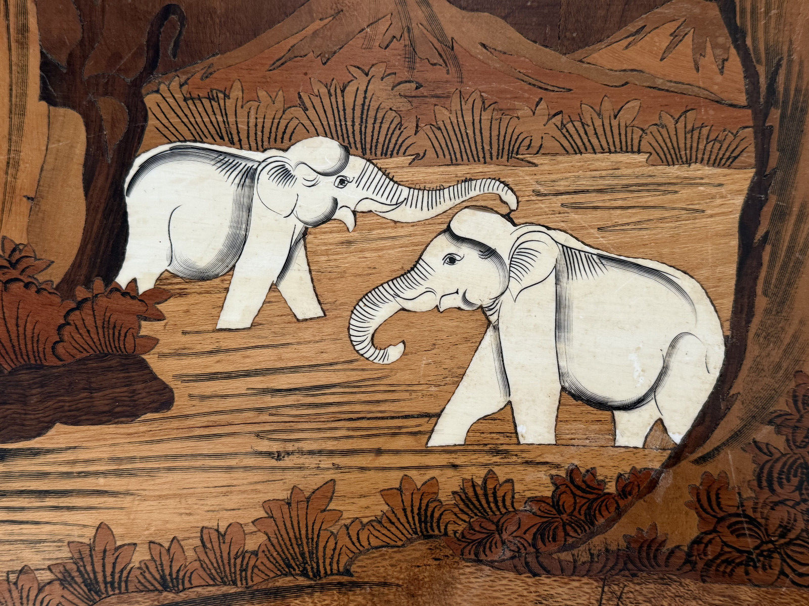 Mysore Elephant Family Wood Inlay Art Indian Hand Crafted Marquetry Panel