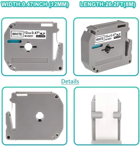 4pk Label Maker Tape 12mm 0.47 - fits Brother M-K231s P-Touch BLACK on WHITE - Picture 2 of 11