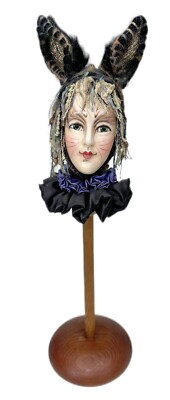 19  Jester Face on Wood Stick Cat Theater Mask Folk Art Mardi Gras Renaissance