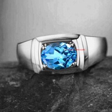 Natural Blue Topaz Gemstone with 925 Sterling Silver Men's Ring 859