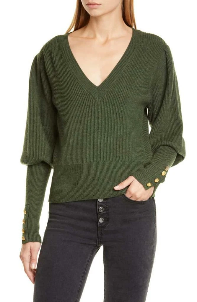 NWT Veronica Beard Army Green Esme B 100 Wool Puff Sleeve Sweater